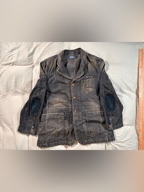 Polo Ralph Lauren Black Denim Distressed Y2K Utility Jacket Retro Elbow Patch XL